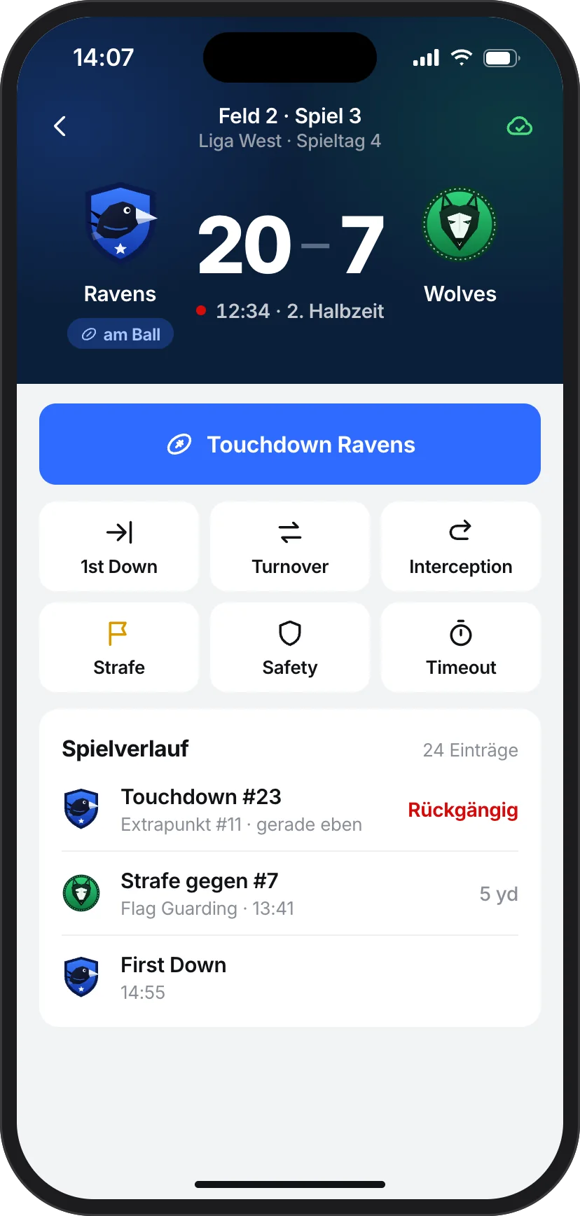 Entwurf der Flagline-App im Spiel: Ravens gegen Wolves 20 zu 7, darunter Tasten für Touchdown, 1st Down, Turnover, Strafe und Timeout