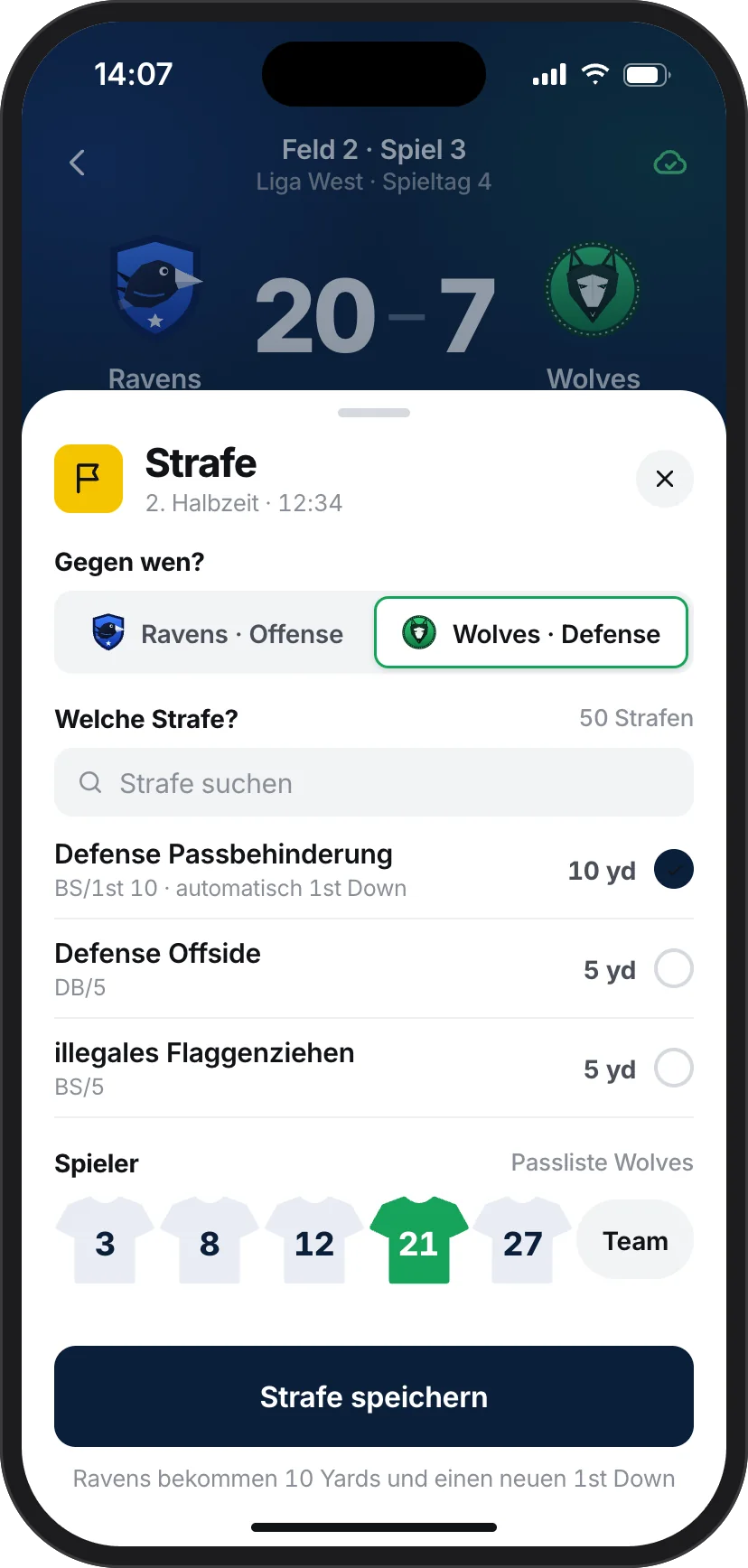 Entwurf Fenster Strafe: gegen die Defense der Wolves, Defense Passbehinderung 10 Yards, Spieler mit Trikot 21
