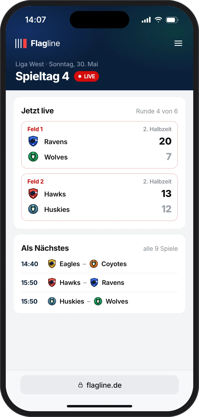 Entwurf von flagline.de auf dem Handy: Spieltag 4 der Liga West mit zwei Live-Spielen und den nächsten Begegnungen