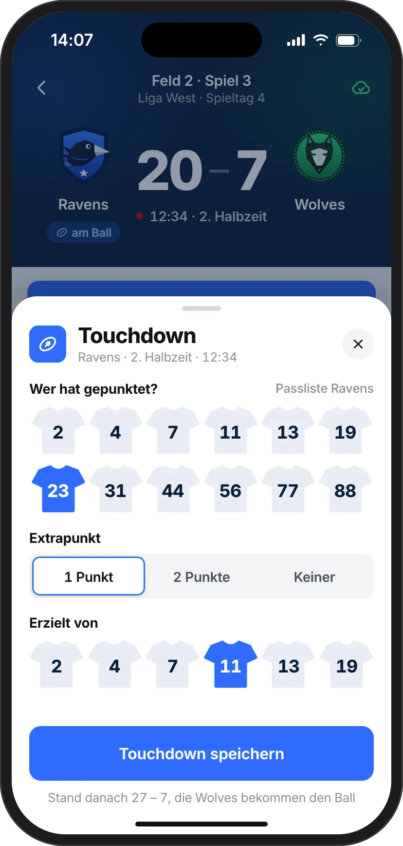 Entwurf Fenster Touchdown: Trikots mit Nummern zur Auswahl, Nummer 23 gewählt, Extrapunkt 1 Punkt, erzielt von Nummer 11